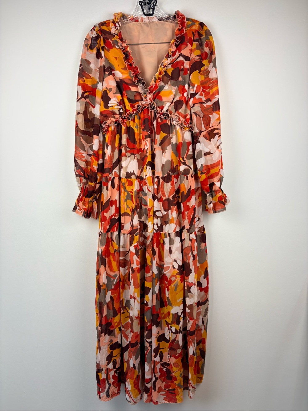 Floral Ruffle Tiered Maxi Dress Long Sleeve V-Neck Fall Multi-Color Lined Sz S